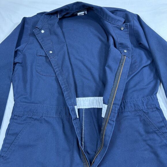 Vintage Roebucks Coverall Mens 50R Collared Snap Button Zip Pocket USA Blue - Picture 3 of 16